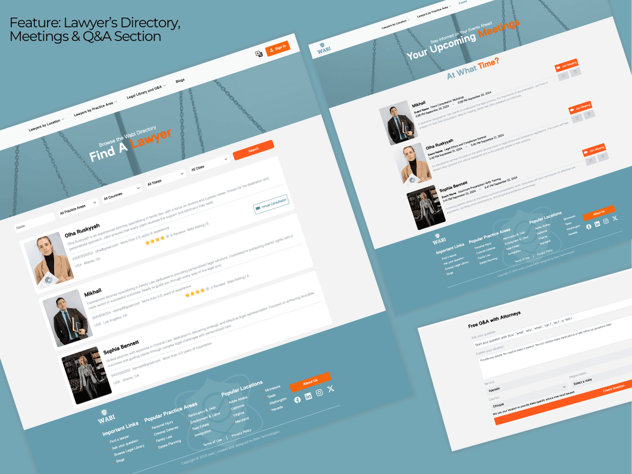 WABI | Legal Application Lawyer's Directory, Meetings and Q&A Section